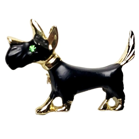 VTG Scottie Dog Brooch Green Emerald Crystal Gold Tone & Blk 1.3" Long VGC! - Picture 1 of 6